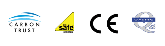 A line of logos affiliated with Hewigo including the Carbon Trust, Gas Safe, CE Mark, and Gastek